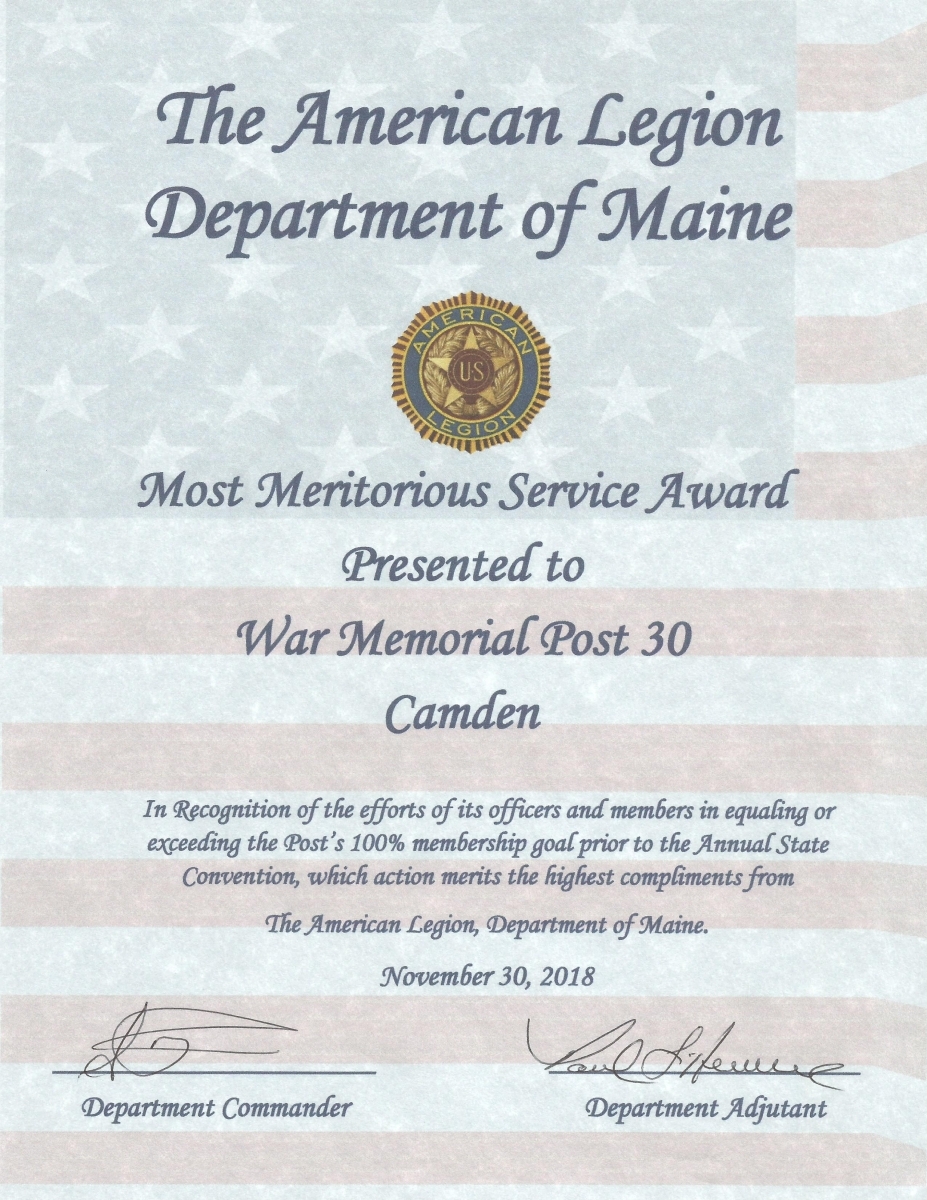 Post 30 100 Membership Certificate The American Legion Centennial